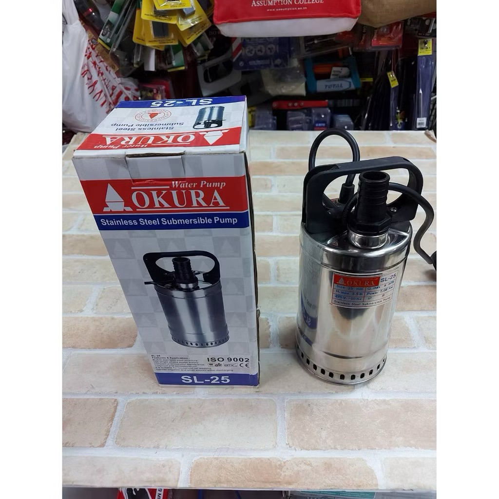 OKURA ปั้มแช่ไดโว่ 1" หรือ ปั้มจุ่มใต้น้ำ ยี่ห้อ OKURA รุ่น SL-25 ตัวเรือนทำจากสแตนเลส ขนาดตัว 115mm