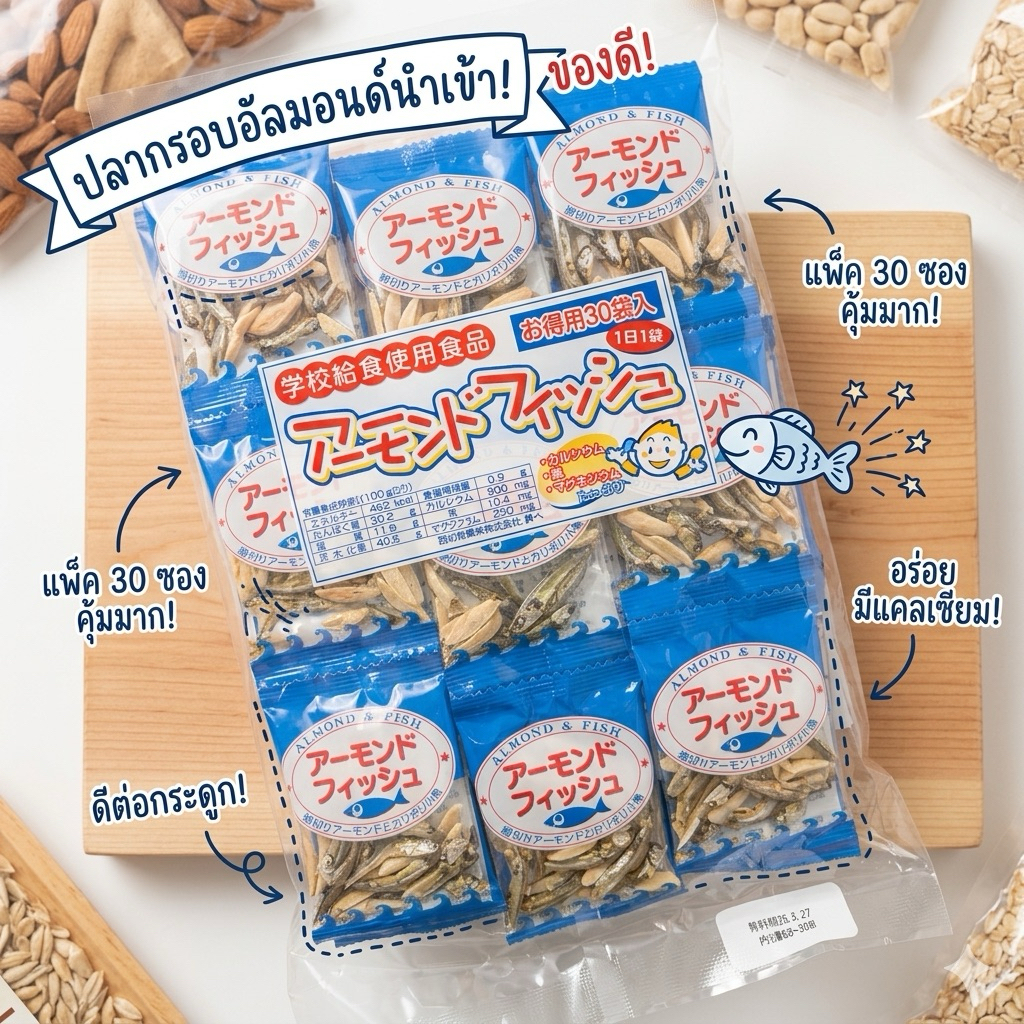 พร้อมส่งในไทย อัลมอนด์ปลากรอบแบบห่อ 25 แพคใหญ่จุใจแยกมาให้แล้วพกพาสะดวกสายกับแกล้มต้องมี!!!