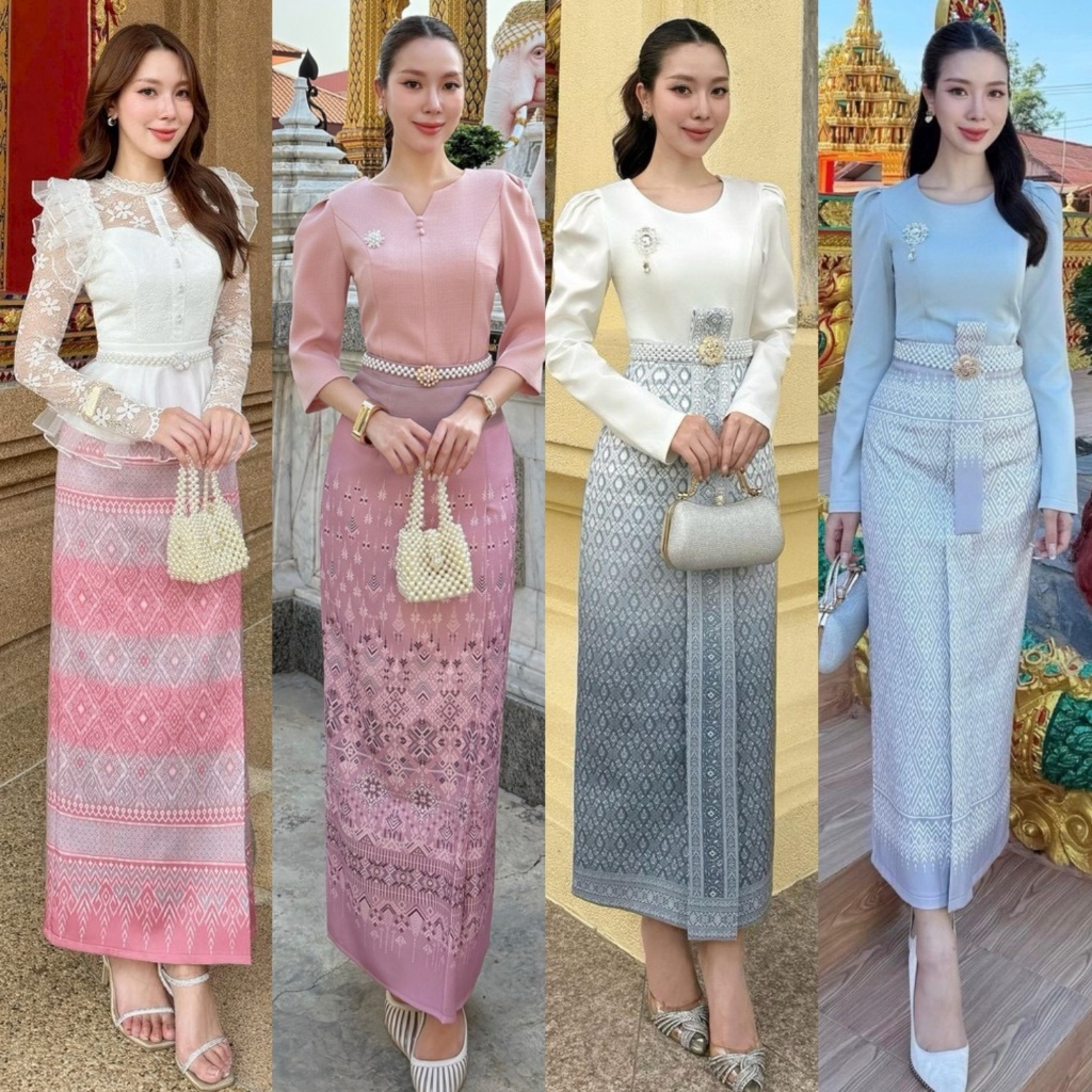 🚩ร้านโค้ดคุ้ม🚩Abigail ชุดไทย Set 4 ชิ้น สื้อเปิดไหล่เฉียง เข็มกลัด กระโปรง เข็มขัด ใส่ออกงาน งานแต่ง