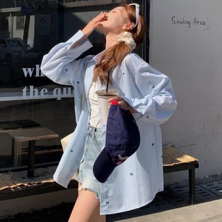 เสื้อเชิ้ตแขนยาวลายทางสีฟ้าพร้อมโบว์ ไซส์ใหญ่ สไตล์ลำลองใส่สบายสำหรับสาวพลัสไซส์ ใส่แล้วดูเพรียว#A97