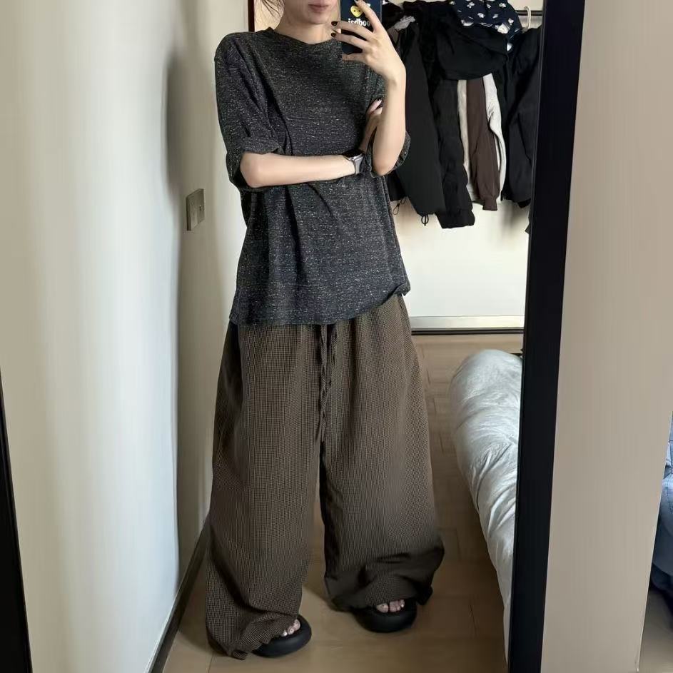 [Plaid wide-leg pants]ลายตารางสุดอินเทรนด์ผู้หญิงตัดกันสไตล์เรโทรสำหรับกางเกงขายาวทรงหลวมเอวสูงลายทางกระแสเกาหลี506