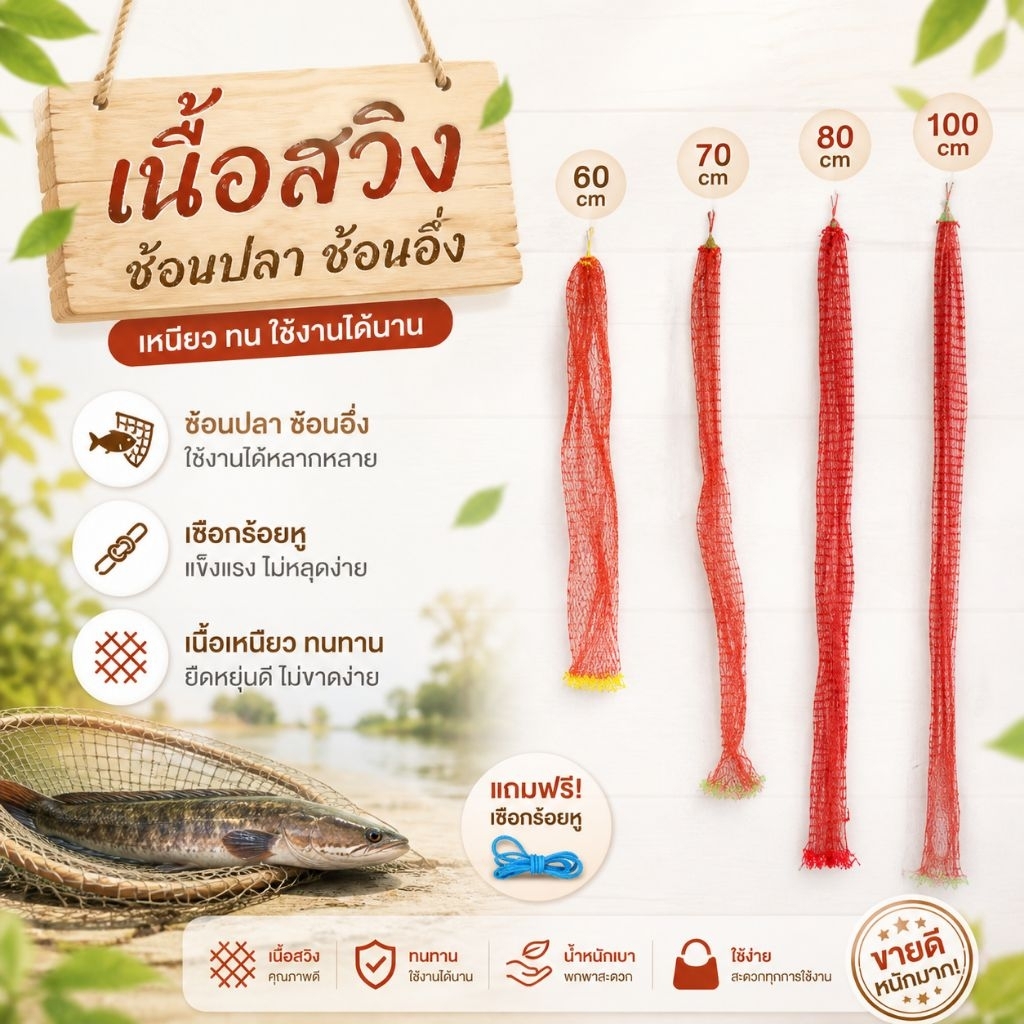 เนื้อสวิง สีแดง ขนาดตา2เซน ความยาว60เซนถึง100เซน เนื้อสวก ถุงใส่ปลา แถมเชือกร้อยหู