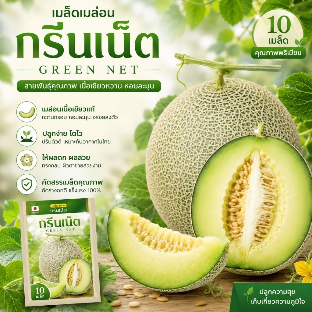 เมล็ดเมล่อน กรีนเน็ต เมล่อนเนื้อเขียว หวานกรอบ หอมละมุนสายพันธุ์คุณภาพ