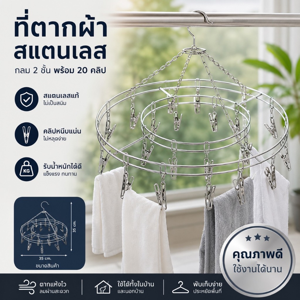 หนีบผ้าสแตนเลสแขวนได้ 360° กันสนิม แข็งแรง รับน้ำหนักดี 20 คลิป ตากไว ประหยัดพื้นที่