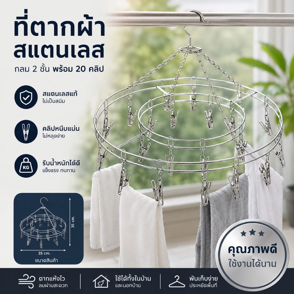 หนีบผ้าสแตนเลสแขวนได้ 360° กันสนิม แข็งแรง รับน้ำหนักดี 20 คลิป ตากไว ประหยัดพื้นที่