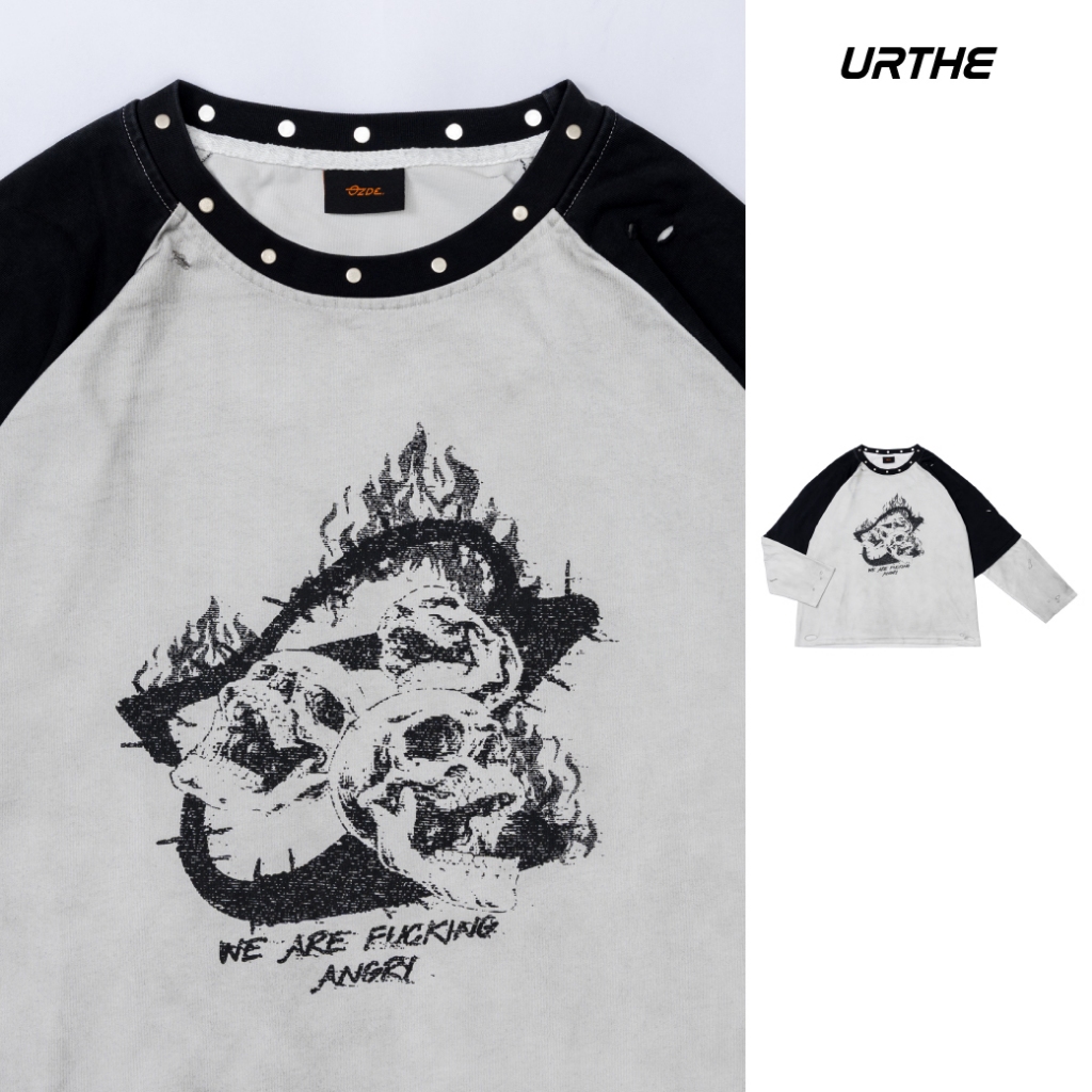 URTHE - เสื้อยืด เสื้อยืดแขนยาว Oversize รุ่น REVOLT DOUBLE SLEEVE RAGLAN T-SHIRT - Col. OZDE UNTITL