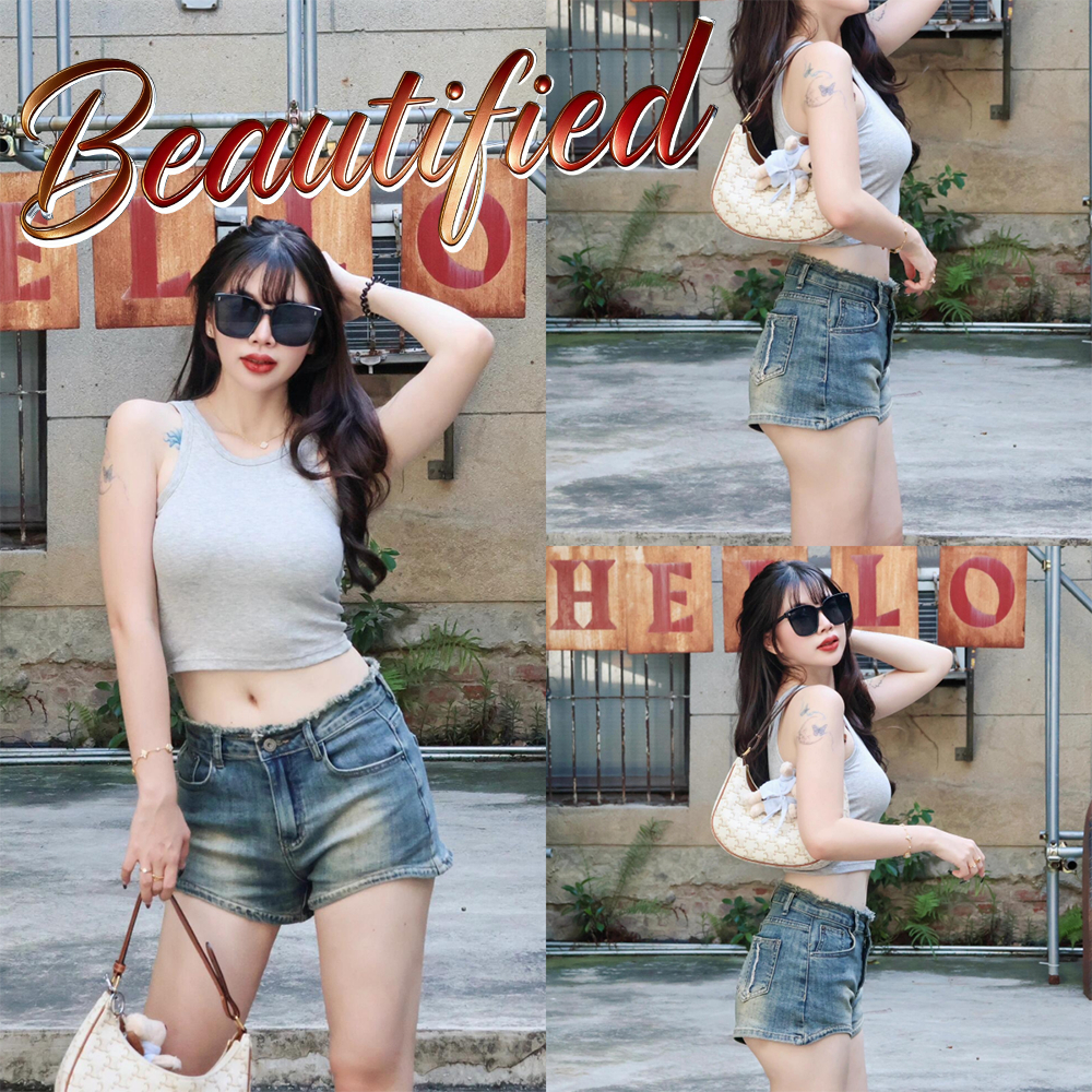 Beautified🫧กางเกงยีนส์ขาสั้นเอวต่ำ ขอบดิบ สีน้ำเงินล้าง วินเทจ รัดรูปทรงเข้ารูป Y2K🎀S-XL&V105