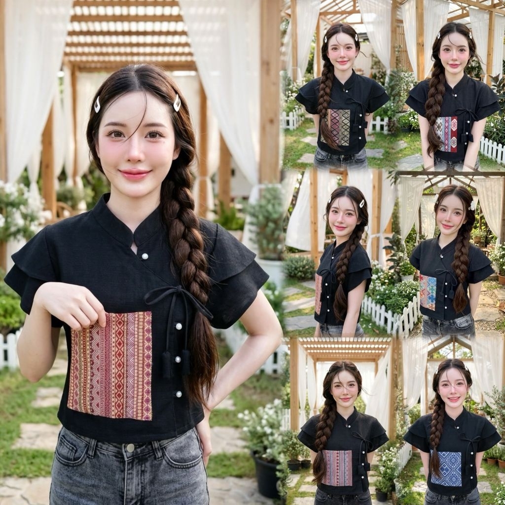 เสื้อพื้นเมืองผู้หญิงคอจีนป้ายผูกโบว์แขนระบายสองชั้น ติดกระเป๋าหน้าผ้าทอลาย รุ่น "ถุงเงินทรงเสน่ห์"