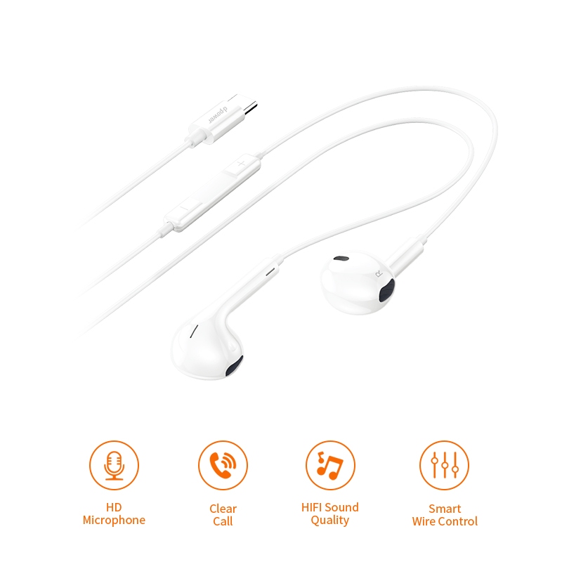 d-power หูฟัง Type-C รุ่น TC-04 ฝังชิปเสียง DAC แท้ เสียง Hi-Fi สเตอริโอ ไมค์ชัด HD ควบคุมด้วยปุ่มกด สายยาว 1.3 เมตร