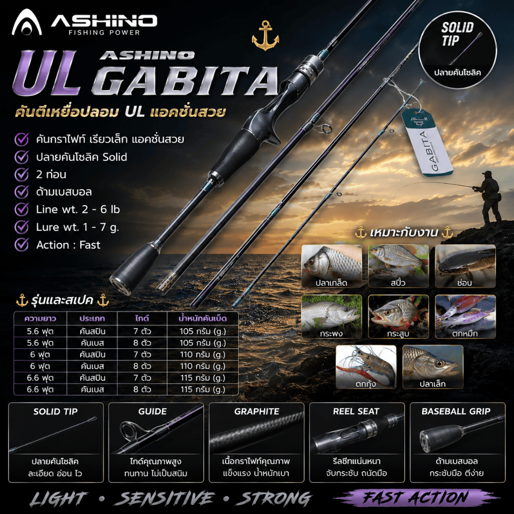 [ ของแท้ ]  คันตีเหยื่อปลอม UL Ashino Gabita Line wt. 2-6 lb ปลายคันโซลิค Solid เหมาะกับงานปลาเกล็ด ตกหมึก ตกกุ้ง