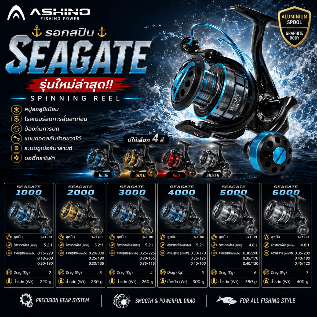 [ ของแท้ ]  รอกสปิน Ashino Seagate มี 4 สี รุ่นใหม่ล่าสุด!! สปูลอลูมิเนียม บอดี้กราไฟท์ Spinning Reel