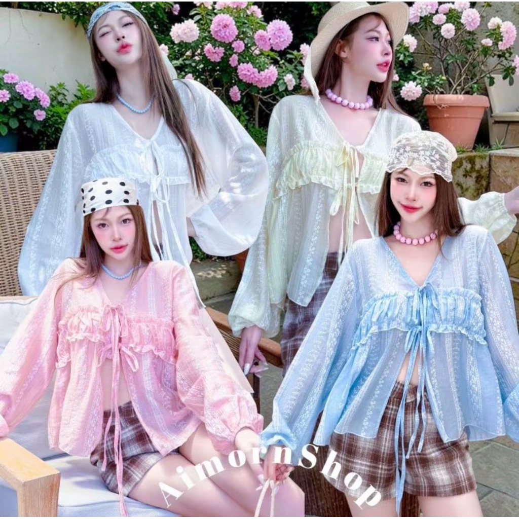 🔥aimorn_shop🔥เสื้อมินิเดรสคอวี แขนกระดิ่ง ผูกโบว์ด้านหน้า แต่งลูกไม้ งานสวยมาก เรียบหรู