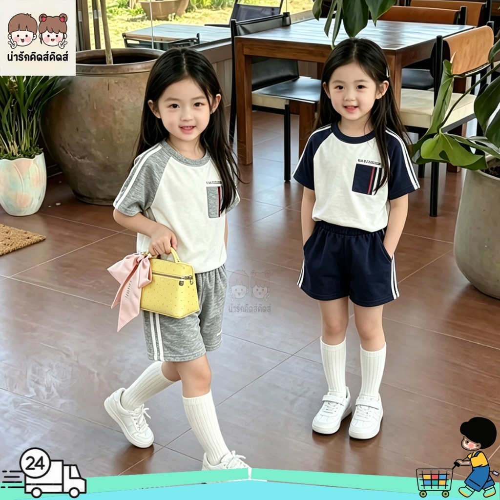 ชุดฤดูร้อนเด็กแขนสั้น ชุดเสื้อเด็กแขนสั้นขาสั้น สีเทาสีน้ำเงิน พิมพ์ลาย แบบลำลอง