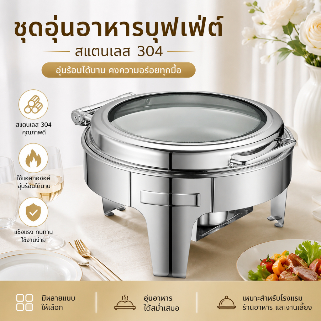 เตาบุฟเฟ่ต์โรงแรม วัสดุสแตนเลส 304 ถาดเตรียมอาหาร ถาดสแตนเลสสำหรับเก็บอาหาร เครื่องทำความร้อนแอลกอฮอล์ และเก็บความร้อน