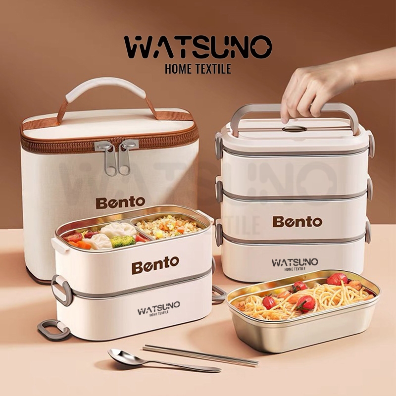 Watsuno.กล่องข้าวเก็บความเย็นหลายชั้น พร้อมถุงและช้อนส้อม พกพาสะดวก สำหรับนักเรียน ออฟฟิศ