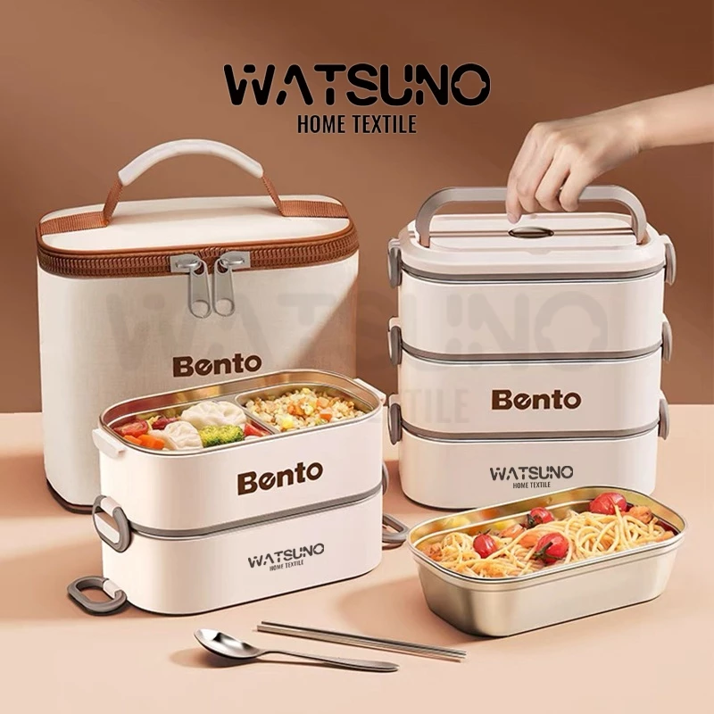 Watsuno.กล่องข้าวเก็บความเย็นหลายชั้น พร้อมถุงและช้อนส้อม พกพาสะดวก สำหรับนักเรียน ออฟฟิศ