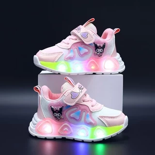 รองเท้าเด็กผู้หญิง มีไฟ LED ลายการ์ตูนน่ารัก สีชมพู ม่วง รองเท้าผ้าใบไม่ใช่ผ้าตาข่าย