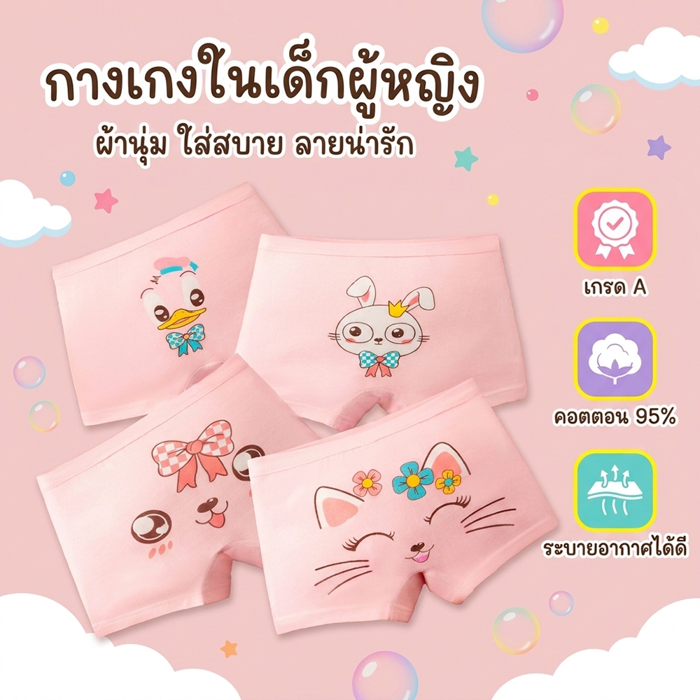 กางเกงบ็อกเซอร์เด็กผู้หญิง ลายกระต่ายน่ารักสีพาสเทล 3-12 ปี คอตตอน 95% นุ่มสบาย ระบายอากาศได้ดี