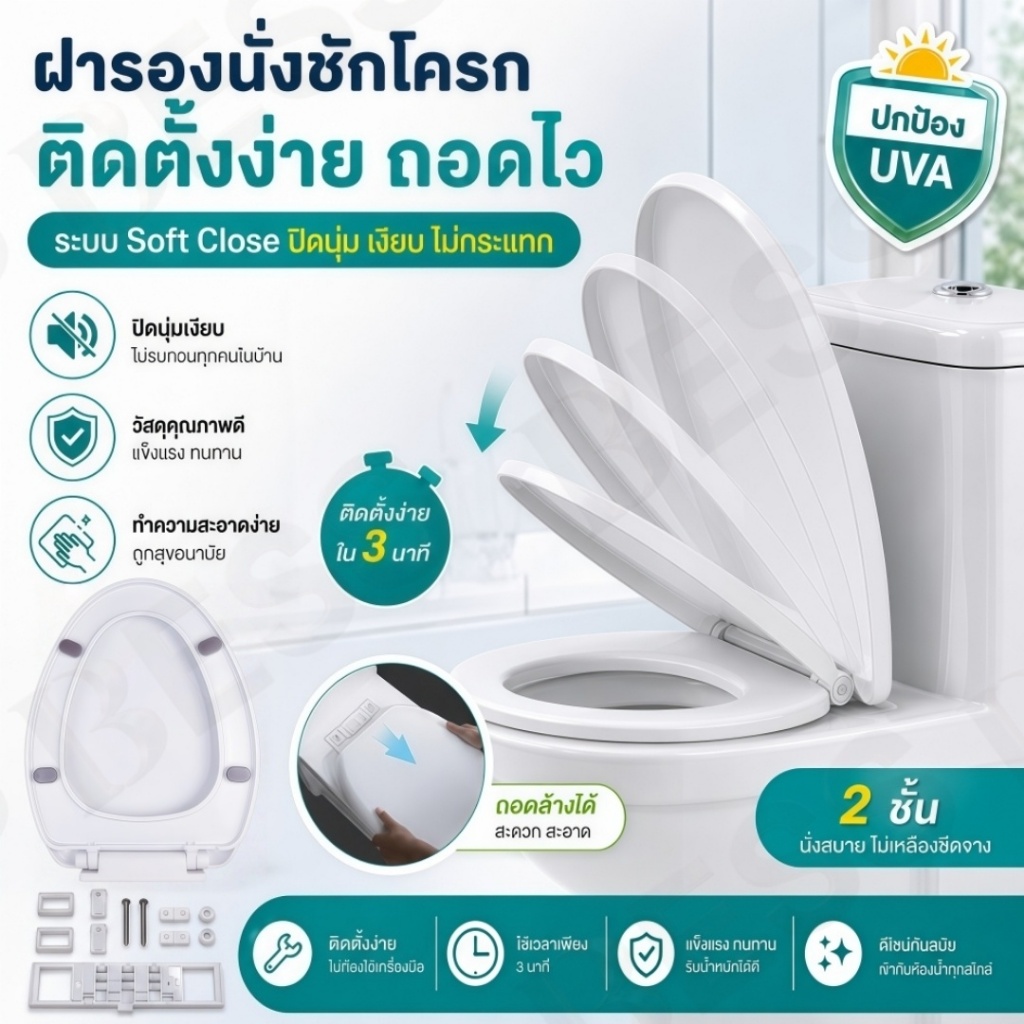 ส่งไวจากไทย ! ฝาชักโครก ทรง O/V ระบบ Soft Close ปิดนุ่มนวล รุ่นหนาทนทาน งานตรงปก 100% พร้อมชุดติดตั้งครบชุด มีปลายทาง