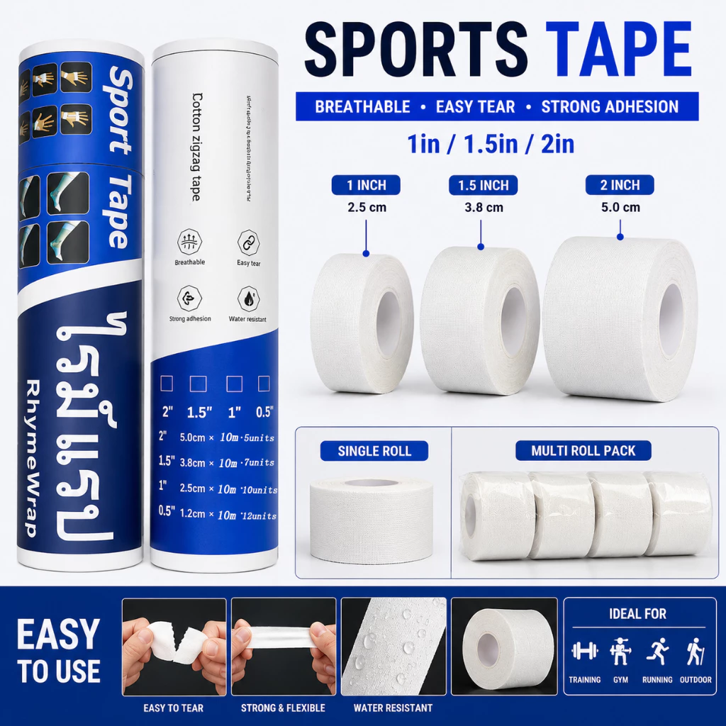 Rhymewrap สปอร์ตเทป 1นิ้ว 1.5นิ้ว 2 นิ้ว สีขาว เทปออกกำลังกาย ติดแน่น ระบายอากาศดี สำหรับสายกีฬา