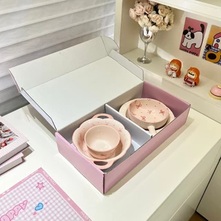 New！ชุดจานชามเซรามิกลายโบว์สีชมพูน่ารักๆ เข้าไมโครเวฟได้ เครื่องล้างจาน พร้อมกล่องของขวัญ ของขวัญวันเกิด