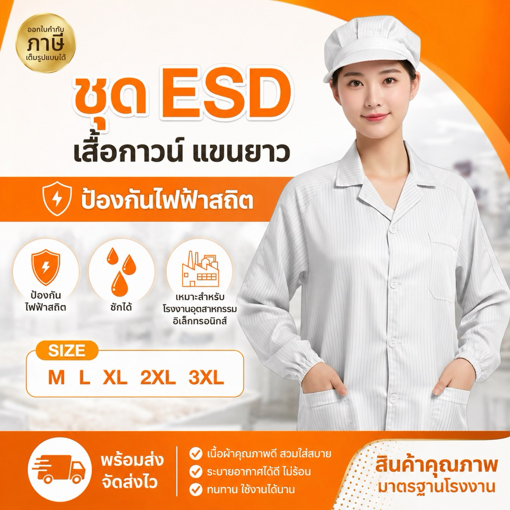 เสื้อกาวน์ ESD กันไฟฟ้าสถิต แขนยาว | เสื้อกาวน์คลีนรูม เนื้อผ้าระบายอากาศ เบา ใส่สบาย เหมาะกับโรงงาน