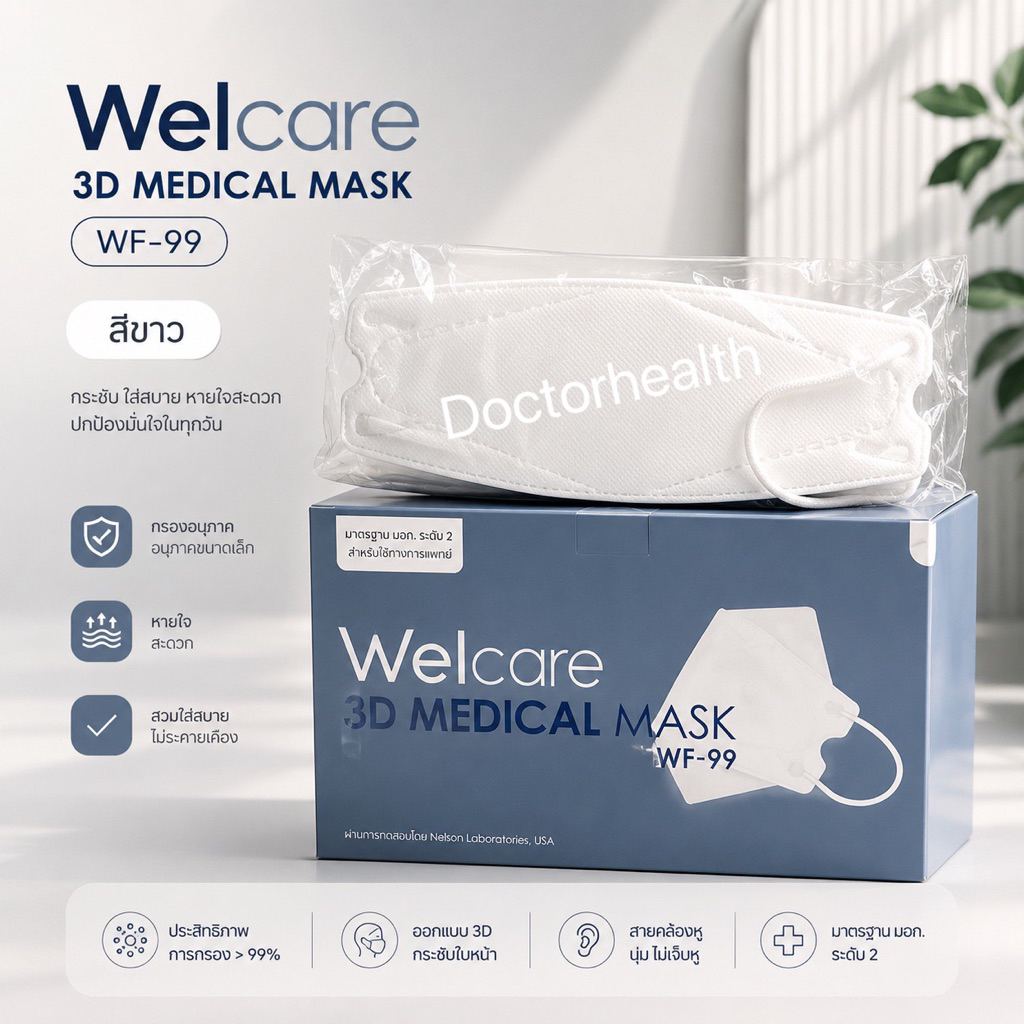 Welcare ทรง 3D WF-99 หน้ากากอนามัยทางการแพทย์ แบบกล่อง จำนวน 50 ชิ้น แท้💯