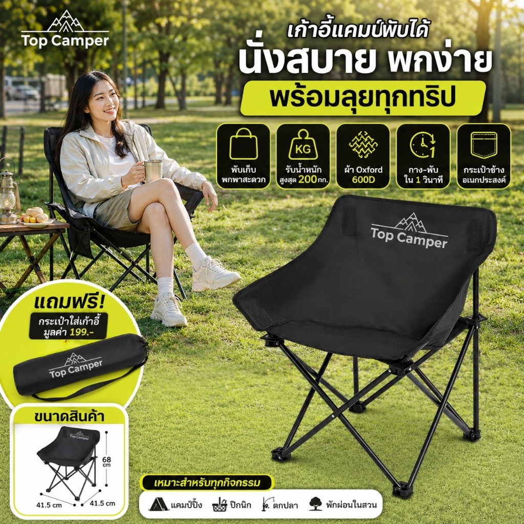 2026 Topcamper เก้าอี้แคมป์ปิ้ง เก้าอี้สนามพับได้ แบบพกพา ท่ออลูมิเนียมหนา แถมถุงเก็บ รับน้ำหนัก 300KG