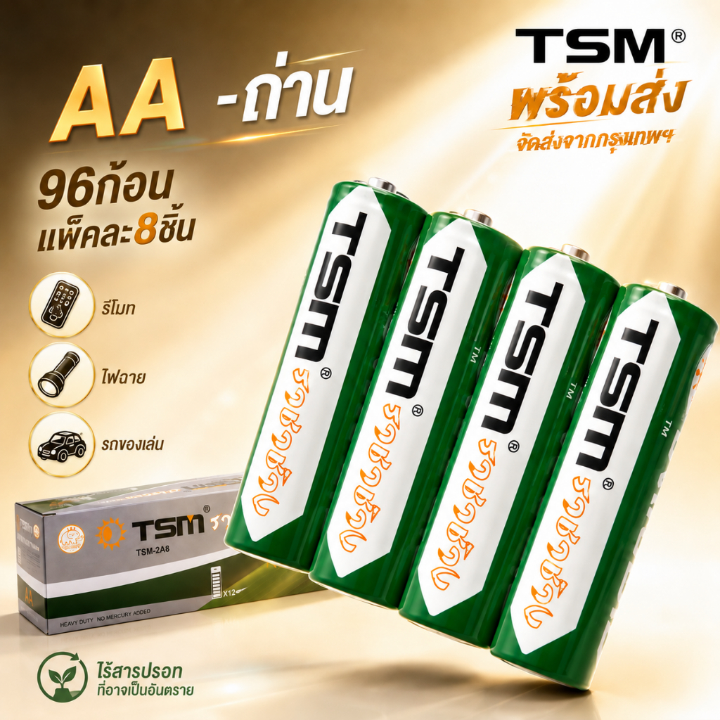 ถ่านไฟฉาย AA 1.5V ราชาช้าง รุ่น TSM-2A8 แพ็คละ 8 ก้อน 12 แพ็ค/กล่อง รวม 96 ก้อน ถ่านรีโมท ของเล่น ไฟฉาย ใช้งานได้นาน
