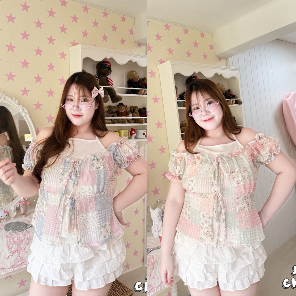 j เสื้อแขนตุ๊กตาผูกหน้า คล้องคอ งานดีเทลคล้ายเสื้อ 2 ชิ้น ผ้ายืดขาวเย็บติดถักโครเชต์พิมพ์ลายดอกไม้น่ารักๆ สีหวาน