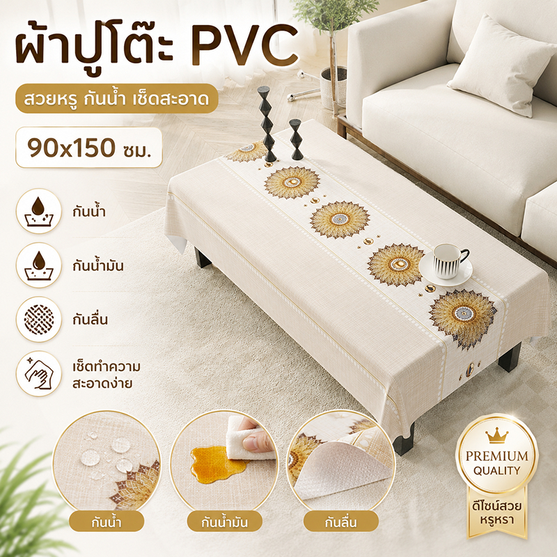 ผ้าคลุมโต๊ะกาแฟสไตล์โทนครีม กันน้ำ กันน้ำมัน ล้างง่าย ปลอกคลุมแบบครอบเต็ม ใช้ปกปิดและป้องกันโต๊ะ เหมาะสำหรับโต๊ะกาแฟและโ