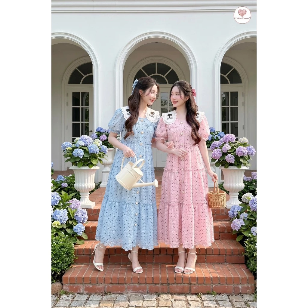 (มี3XL) Maria Diamond มี 2 สี Barbie Pink/Blue Dress เดรสยาวทรงปล่อยผ้าคอตตอน ปกปัก มีเชือกข้างเอว ซิปหลัง มีซับใน