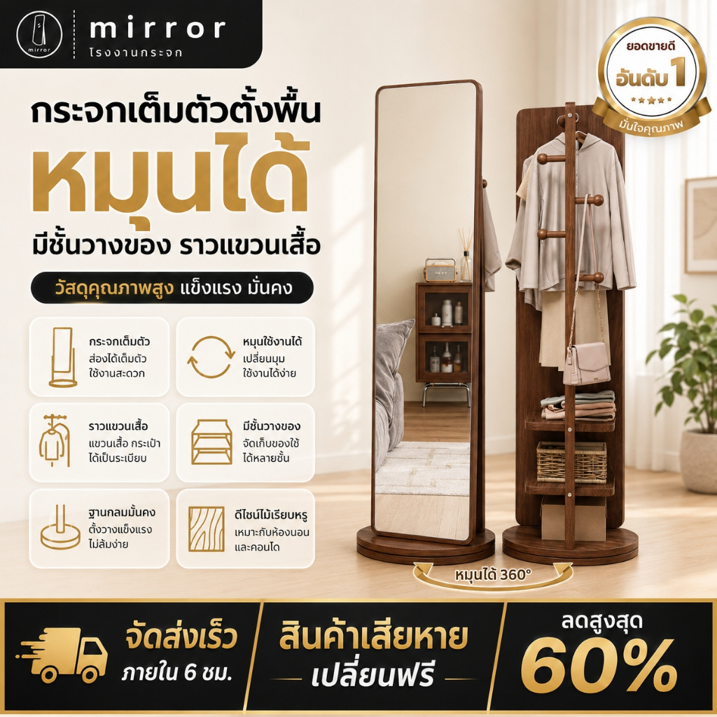 กระจกเต็มตัวตั้งพื้น กระจกไม้หมุนได้360° มีชั้นวางของ ราวแขวนเสื้อ สไตล์มินิมอล แต่งห้องสวย เรียบหรู