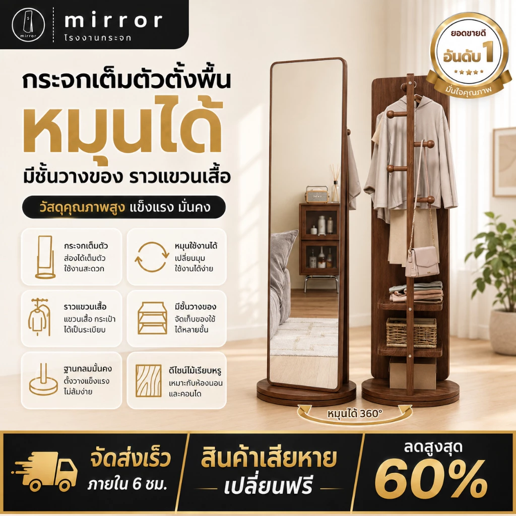 กระจกเต็มตัวตั้งพื้น กระจกไม้หมุนได้360° มีชั้นวางของ ราวแขวนเสื้อ สไตล์มินิมอล แต่งห้องสวย เรียบหรู