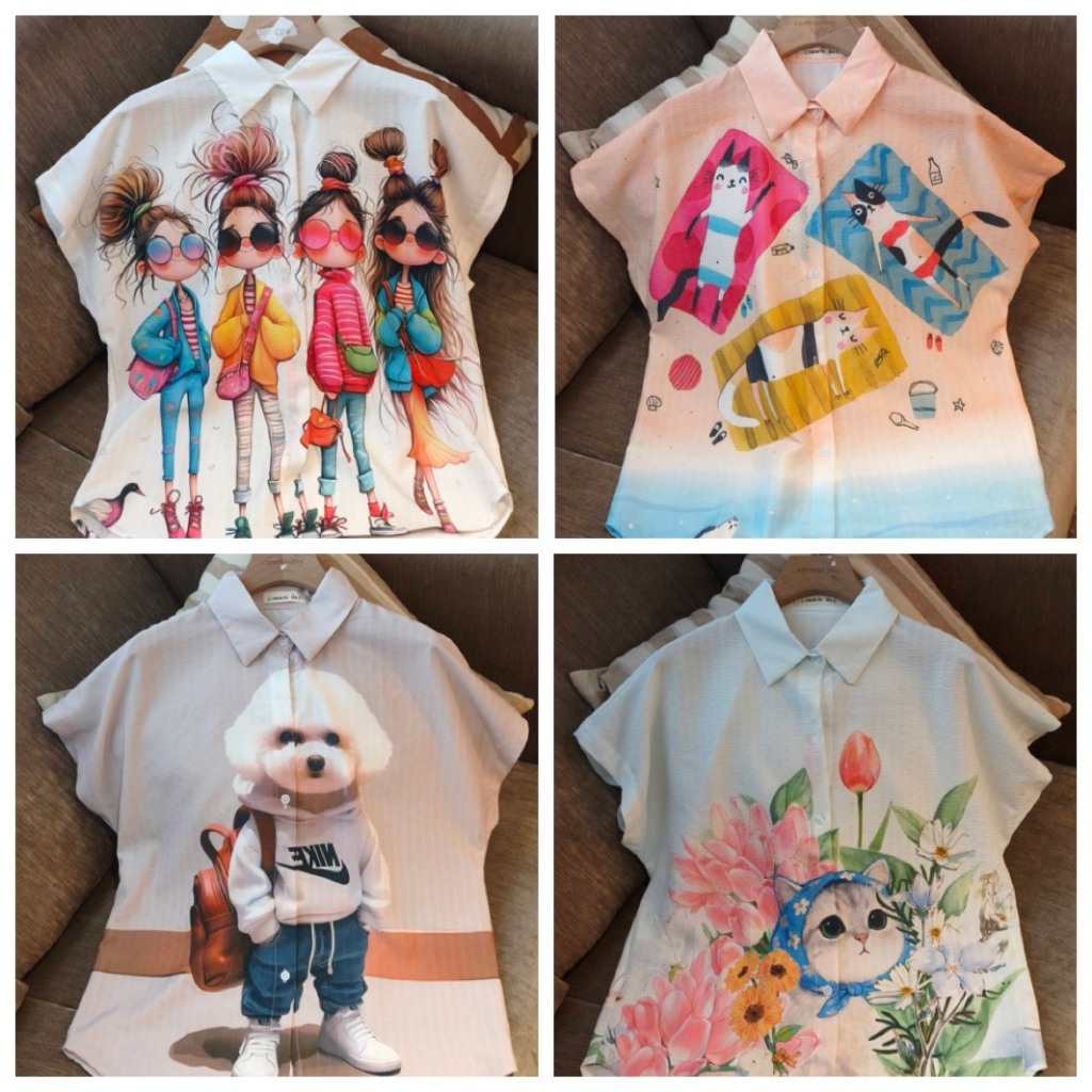ป้าย Common Day เสื้อเชิ้ตผ้าบับเบิ้ลพิมพ์ลายทรงแขนล้ำพิมพ์ลายหน้า-หลัง อก 42 นิ้ว ยาว 23.5 นิ้ว