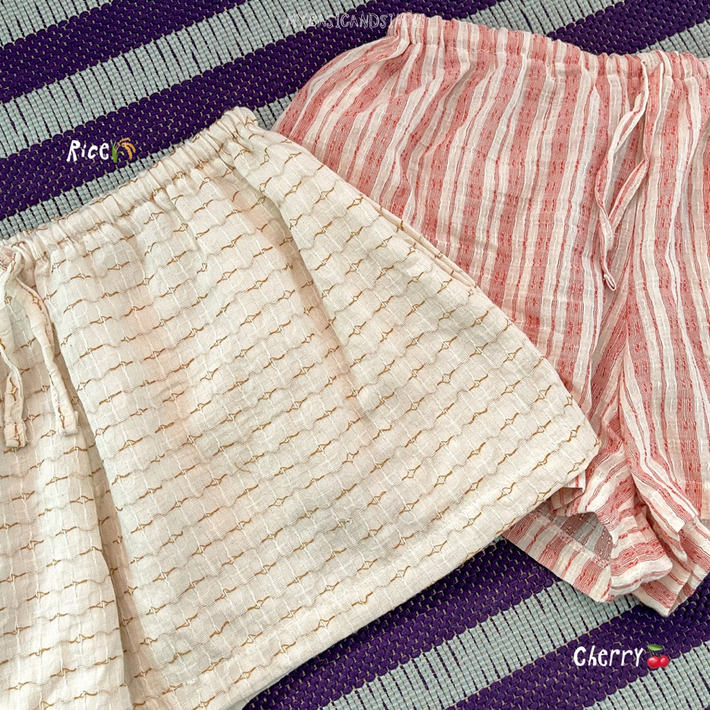 MYBASIC | BEACH SHORTS (Stripe woven fabric) กางเกงขาสั้น ขอบเล็ก เชือกรูดได้ ใส่แบบเอวต่ำ-กลาง