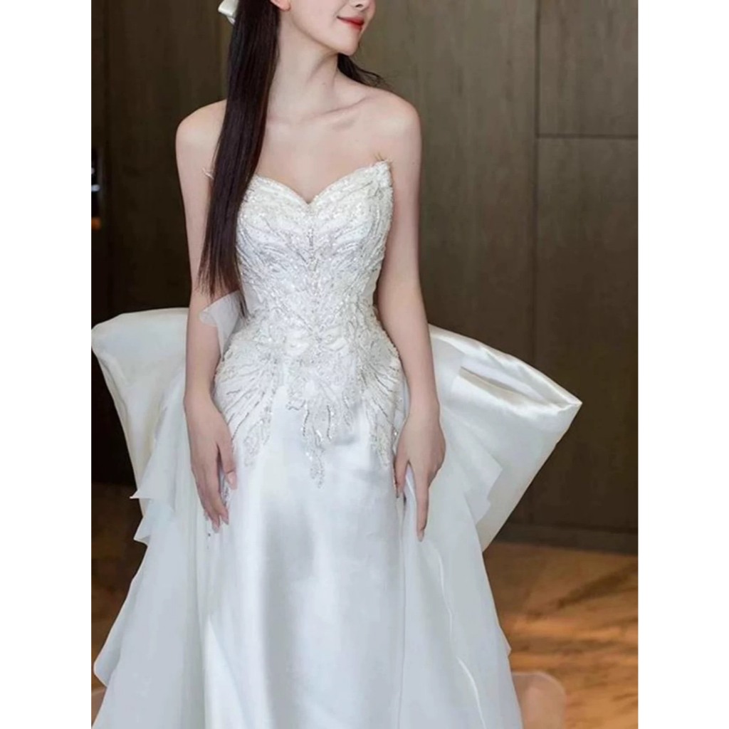 E004-Nพร้อมส่งจากไทย ชุดแต่งงาน ชุดเจ้าสาว ชุดถ่ายพรีเวดดิ้ง ชุดafter party ชุดงานหมั้น เดรสสั้น เดรสมินิมอล