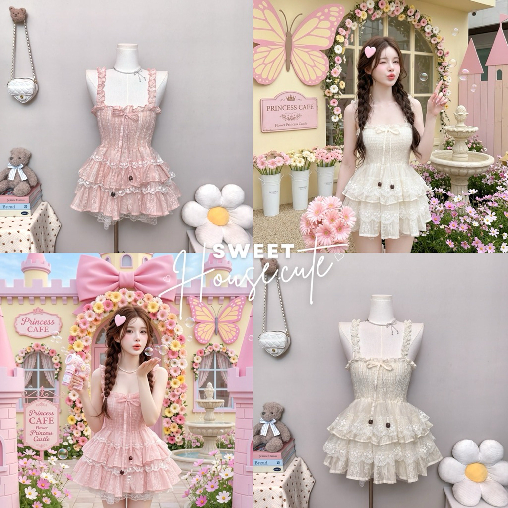 🧸 SweetHouse #730 🌻 เสื้อสายเดี่ยวตัวยาวระบาย 3 ชั้นแต่งด้วยลูกไม้หวานมากก + กางเกงลูกไม้ระบาย 4 ชั้น