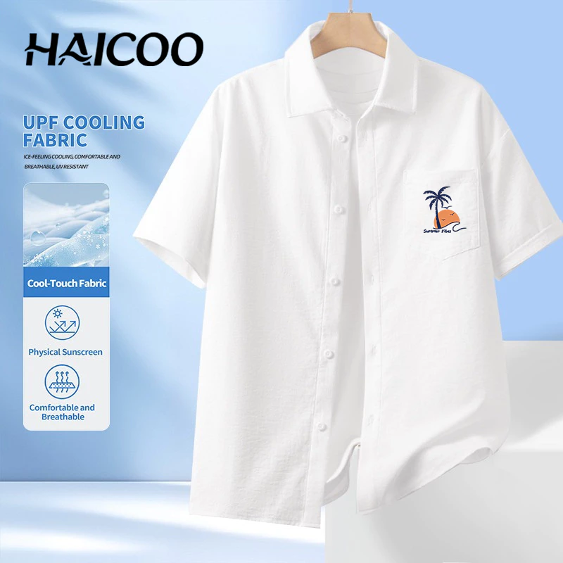 HAICOO เสื้อเชิ้ตแขนสั้น ผู้ชาย M-5XL 🌊 ลาย SUMMER RIBES 😊 สีขาว ผ้าไอซ์ซิลค์ เย็นสบาย ไม่ต้องรีด