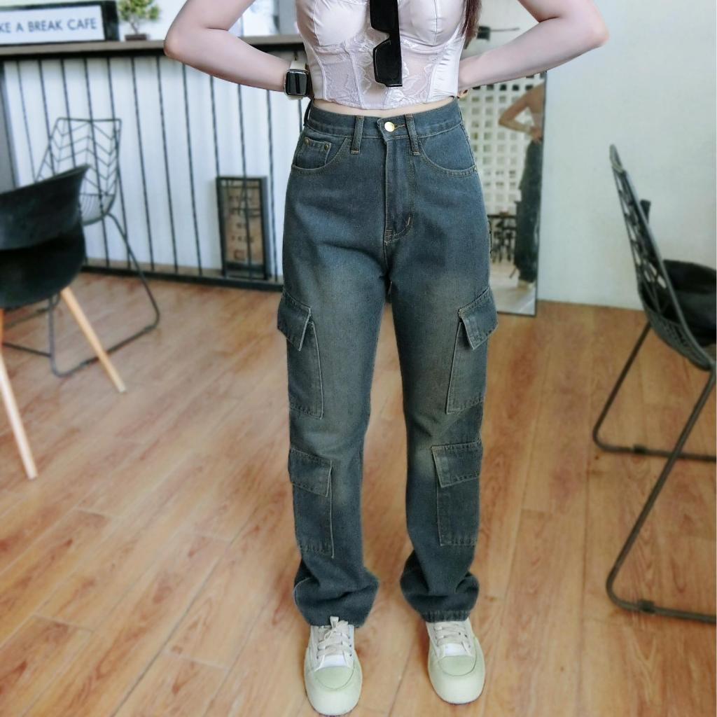 Cc jeans 218 กางเกงยีนส์เอวสูง กระบอกคาร์โก้ ไม่ยืด