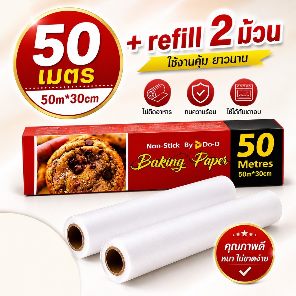 กระดาษไขรองอบ (Do- D) ยาว 50 เมตร baking paper กระดาษไขรองอาหาร Non Stick อุปกรณ์เบเกอรีรองอบเค้ก