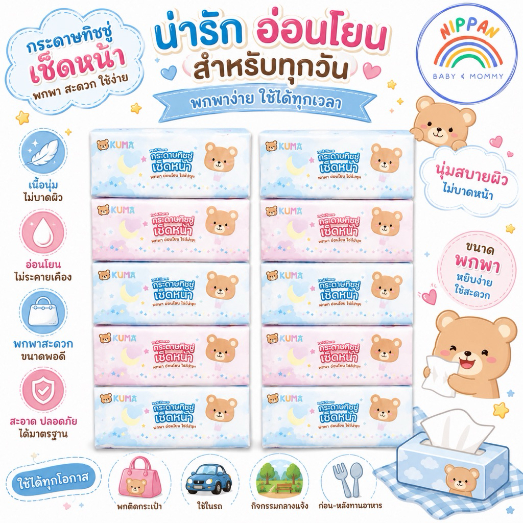 ส่งฟรี โปร 2 หิ้ว 🐻KUMA Facial Tissue 🗞️กระดาษทิชชู่เช็ดหน้าคุมะ รุ่น168แผ่น