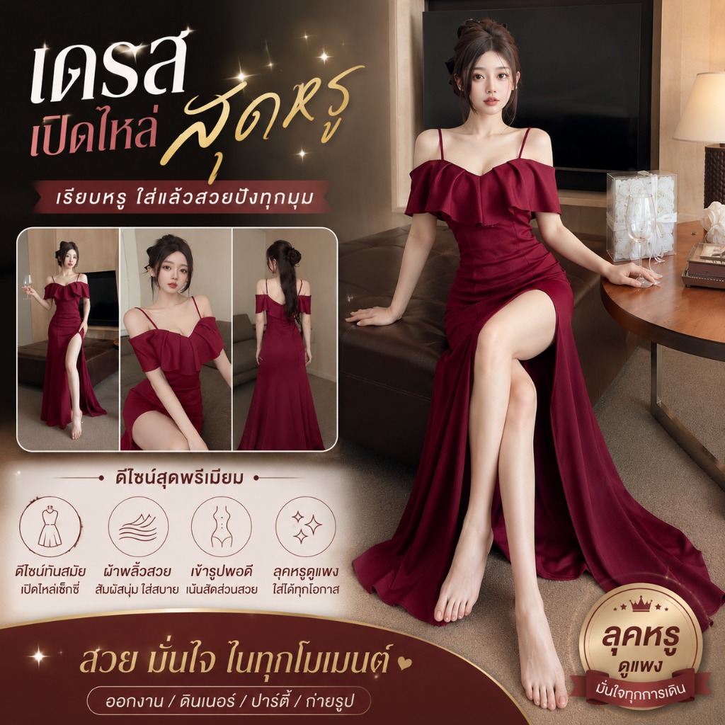 ชุดราตรียาวไหล่ตก ทรงหางปลาเน้นสัดส่วน ดีเทลผ่าข้างสูงเซ็กซี่ ชุดเดรสออกงานหรูหราสไตล์คุณหนู มีสีแดงไวน์/ดำ DS-8