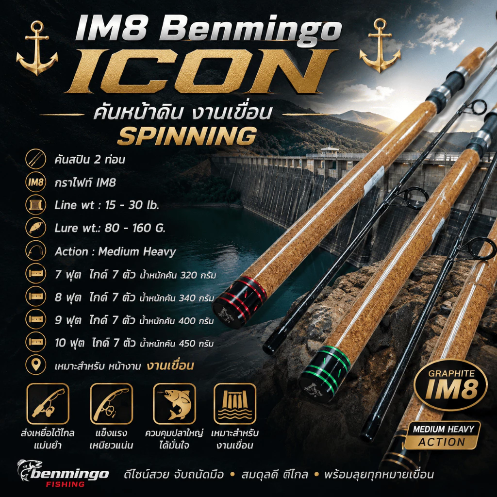 [ ของแท้ ] คันหน้าดิน กราไฟท์ IM8 Benmingo ICON Line wt. 15-30 lb. Lure wt. 80-160 g. สำหรับงานเขื่อน Spinning
