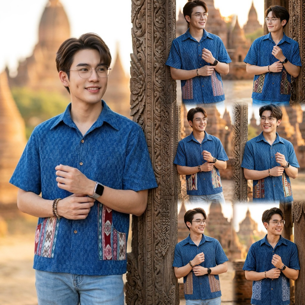 เสื้อพื้นเมืองผู้ชายคอเชิ้ตผ้าสโตนแต่งกระเป๋าผ้าทอลาย รุ่น "สิริทรงสง่า"