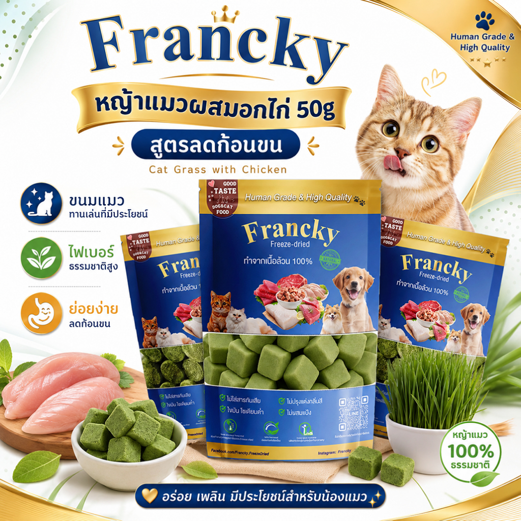 [สูตรลดก้อนขน] หญ้าแมวผสมอกไก่ฟรีซดราย 50g. Francky ไฟเบอร์ธรรมชาติสูง ย่อยง่าย ขนมที่น้องแมวรัก