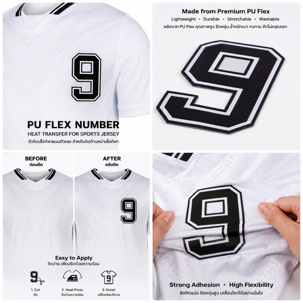 ตัวเลขรีดเสื้อกีฬา 0-9 Flex PU เบอร์เสื้อฟุตบอล ติดแน่น ไม่หลุด DIY 7cm และ 20 cm พร้อมส่ง