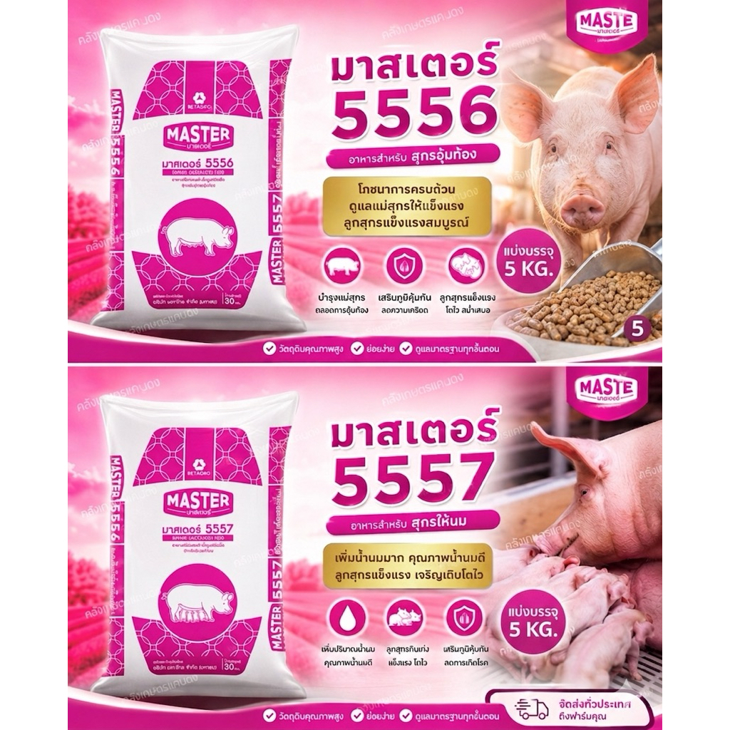 อาหารสุกร อาหารหมู เบทาโกร มาสเตอร์ อุ้มท้อง 5556 ให้นม 5557 แบ่งบรรจุ 5 KG. แข็งแรง สมบูรณ์ อาหารหมูเบทาโกรคุณภาพ100%