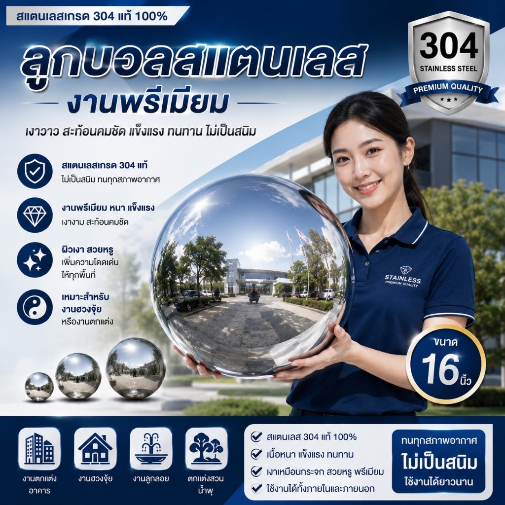 ลูกบอลแสตนเลสเสริมฮวงจุ้ยขนาด10-12-16นิ้ว