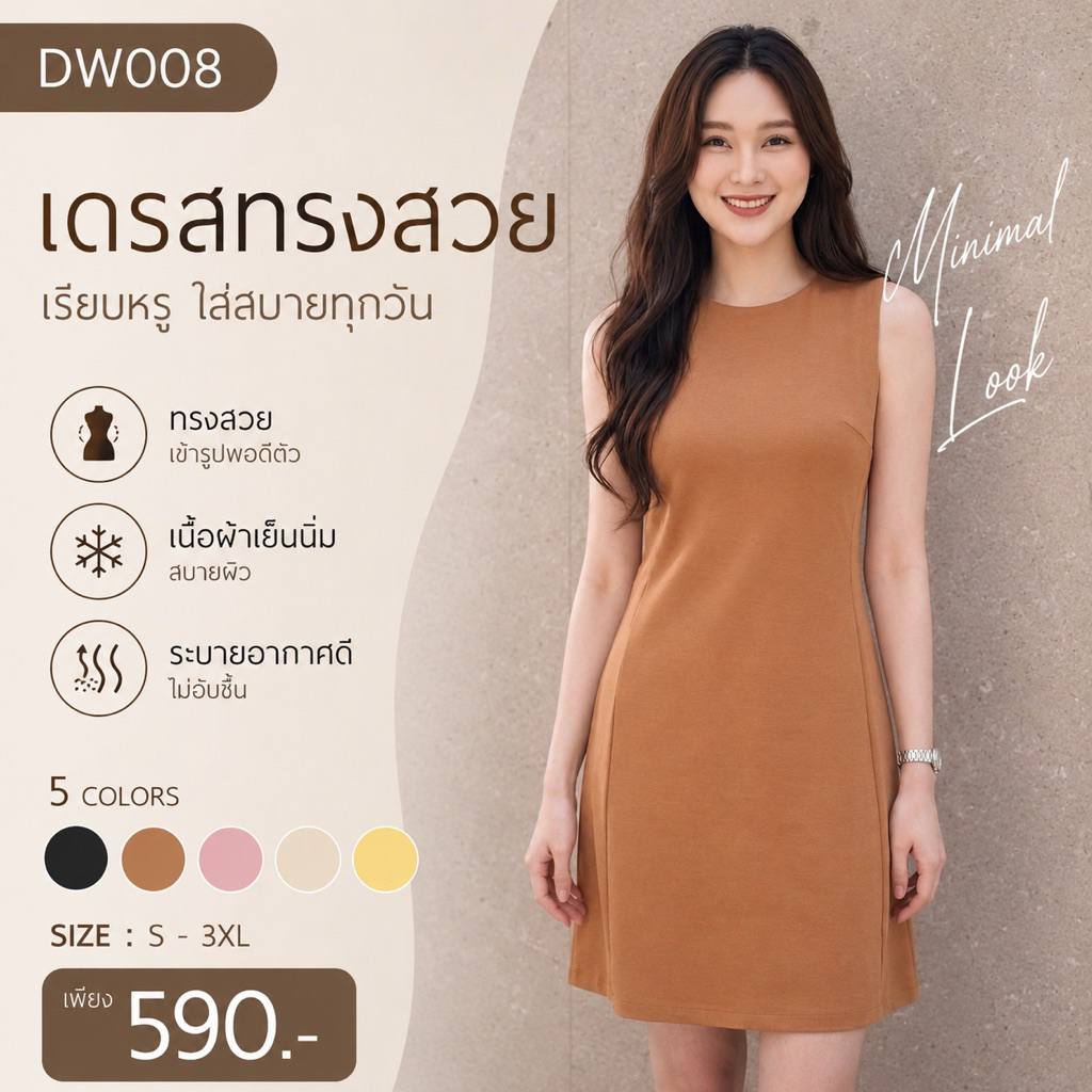 DW008# ชุดทำงานใส่สบาย ชุดทำงานผู้หญิง แฟชั่นสาวออฟฟิศ*เดรสสั้นแขนกุดคอกลมปาด กระโปรงทรงตรงใส่สบายไม่รัดพุง [Chills.bkk]